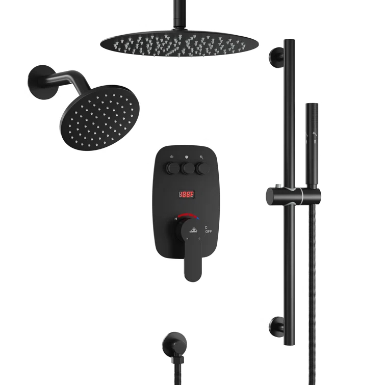 Rainfall Symphony 12inch Dual Showerhead Temperature Display Shower System with 2 in 1 Slider Bar Shower Handheld