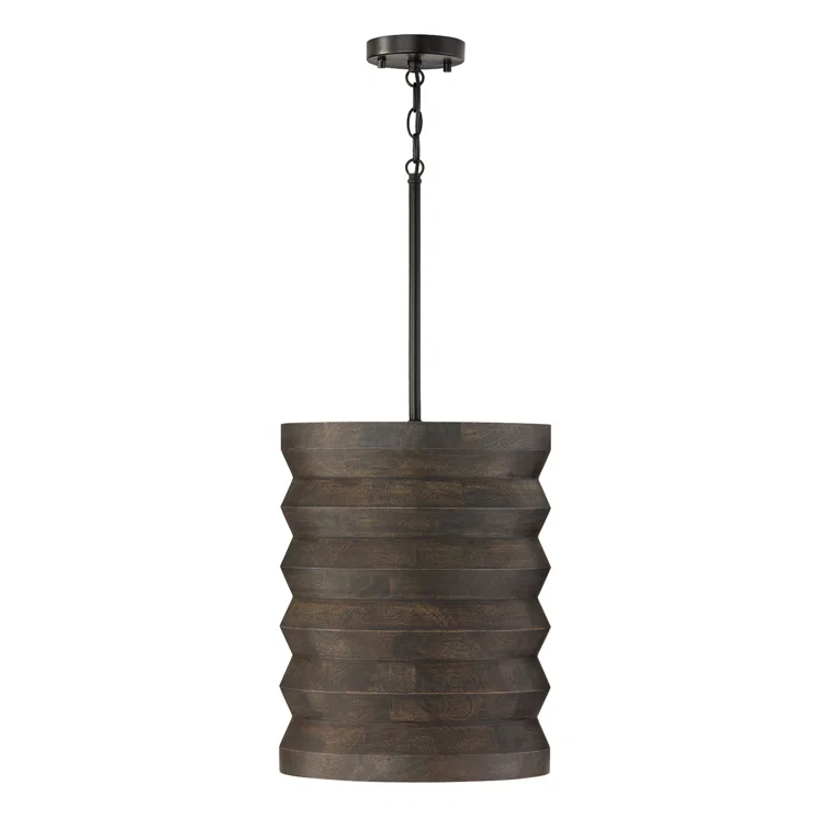 14" W x 18" H 1-Light Pendant in Matte Black and Handcrafted Mango Wood in Espresso Stain