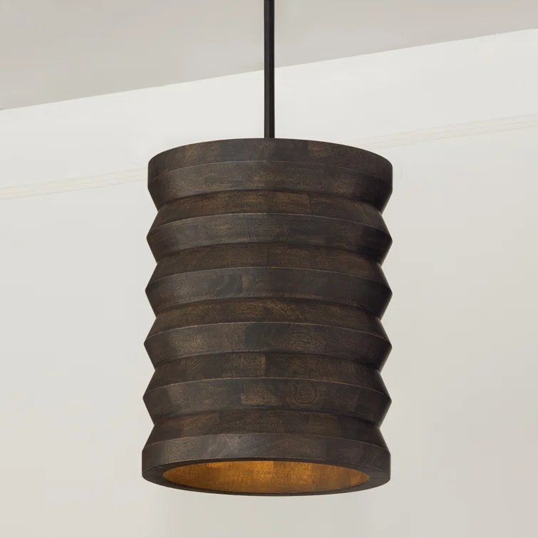 14" W x 18" H 1-Light Pendant in Matte Black and Handcrafted Mango Wood in Espresso Stain