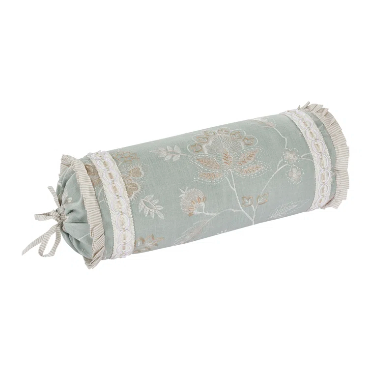 Spa Blue Embroidered Floral Neckroll Pillow with Trim