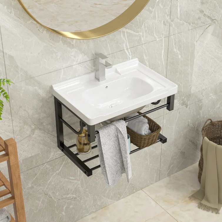 Lordear 23.75" L x 15.75" W Wall Mounted Bathroom Sink with Towel Rack White Ceramic Bathroom Wall Hung Sink LBS2315GP