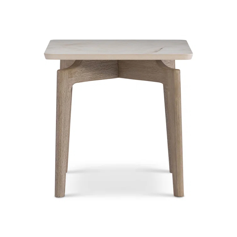 Aurora Beige and Brown Teak and Stone Square Side Table