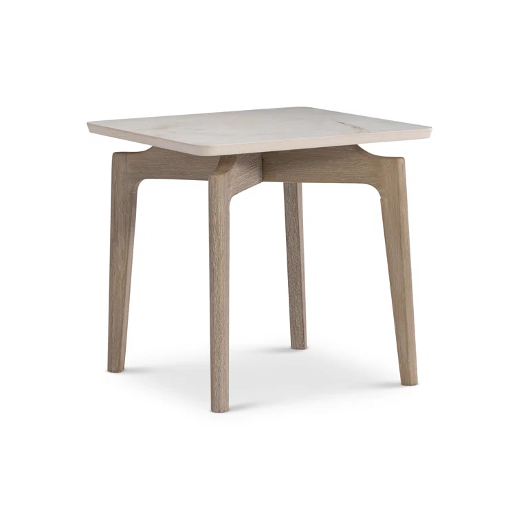 Aurora Beige and Brown Teak and Stone Square Side Table