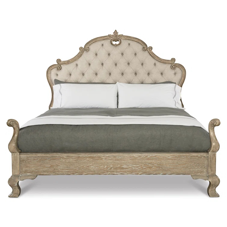 Weathered Oak King Bed with Tufted Upholstered Headboard