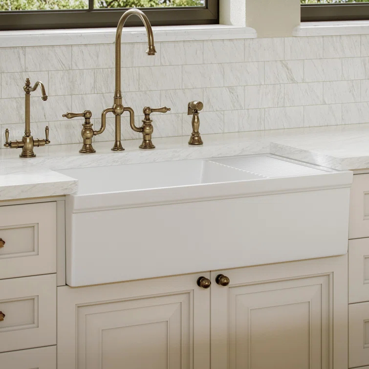 Whitehaus Collection 36” Single Bowl Fireclay Kitchen Sink: Integral Drainboard, Lip Front Apron