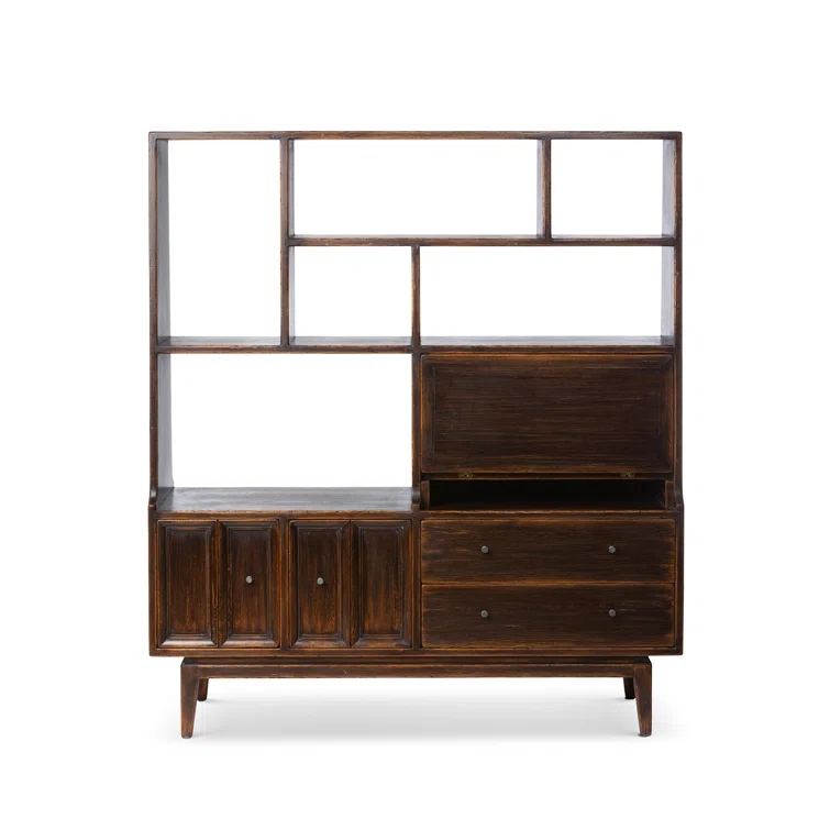 Brown Pine Wood Etagere Bookcase with Hidden Desk