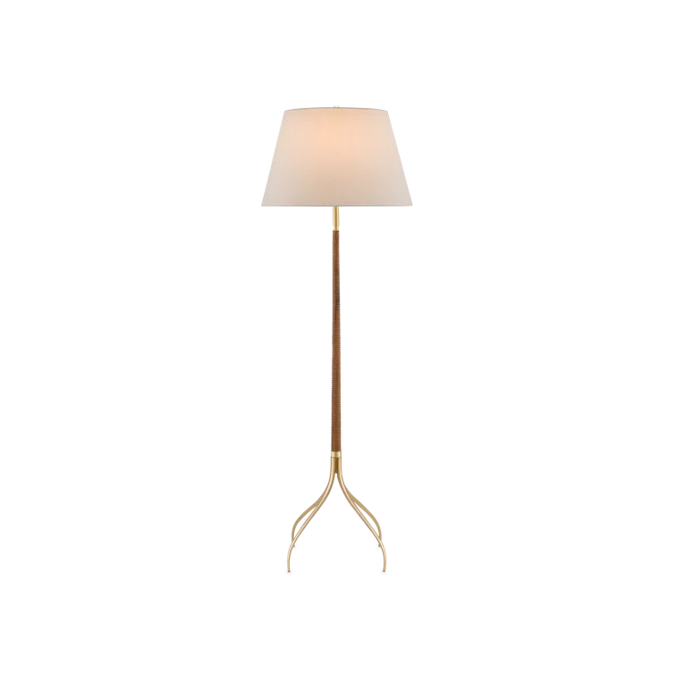 Natural Wood and Brushed Brass Floor Lamp with Off-White Linen Shade