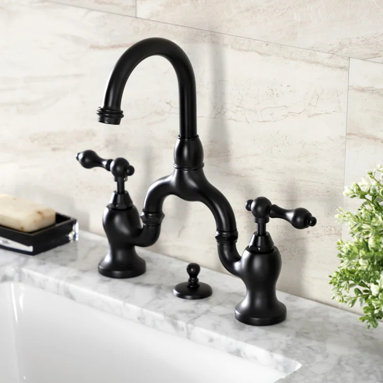 Kingston Brass English Country Two-Handle 3-Hole Deck Mount Bridge Bathroom Faucet with Brass Pop-Up