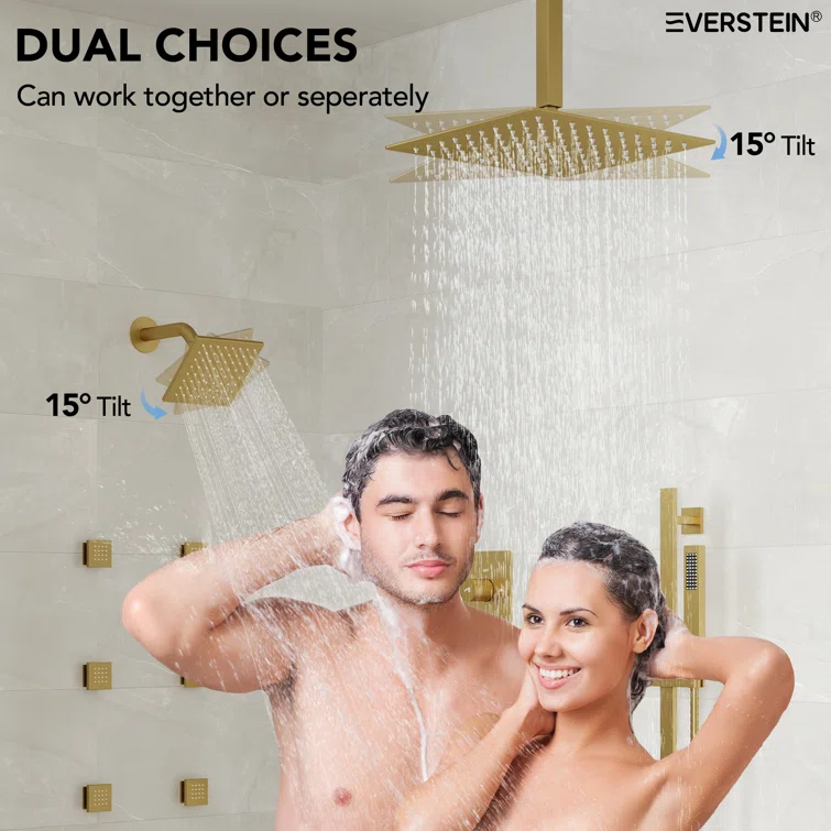 DualJetSpa 15-Spray Patterns 16" & 6" Dual Shower Head, Shower FaucetSystem with Thermostatic Rough-in Valve and Body Jets