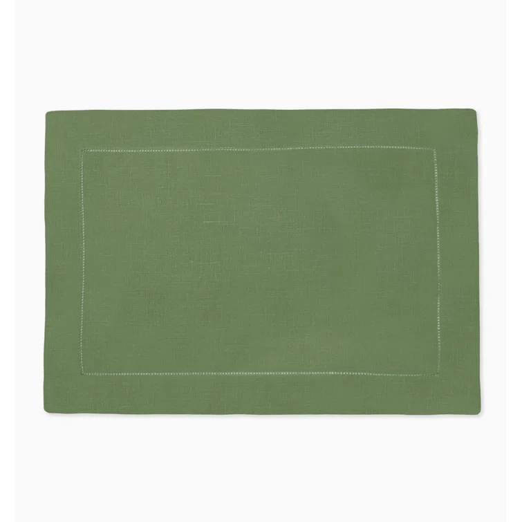 Olive Green Linen Placemat Set with Hemstitch