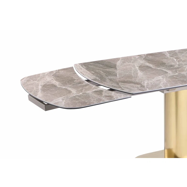Dining Set w/ Extendable Marbleized Ceramic Table & 2Tone Chairs w/ Golden Accents