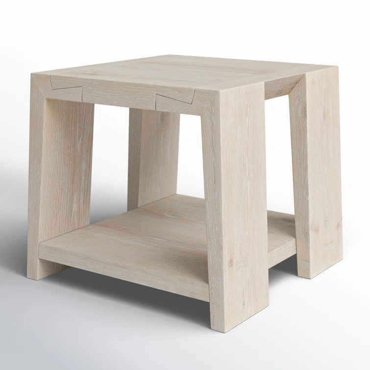 Tan Solid Oak Rectangular End Table with Shelf