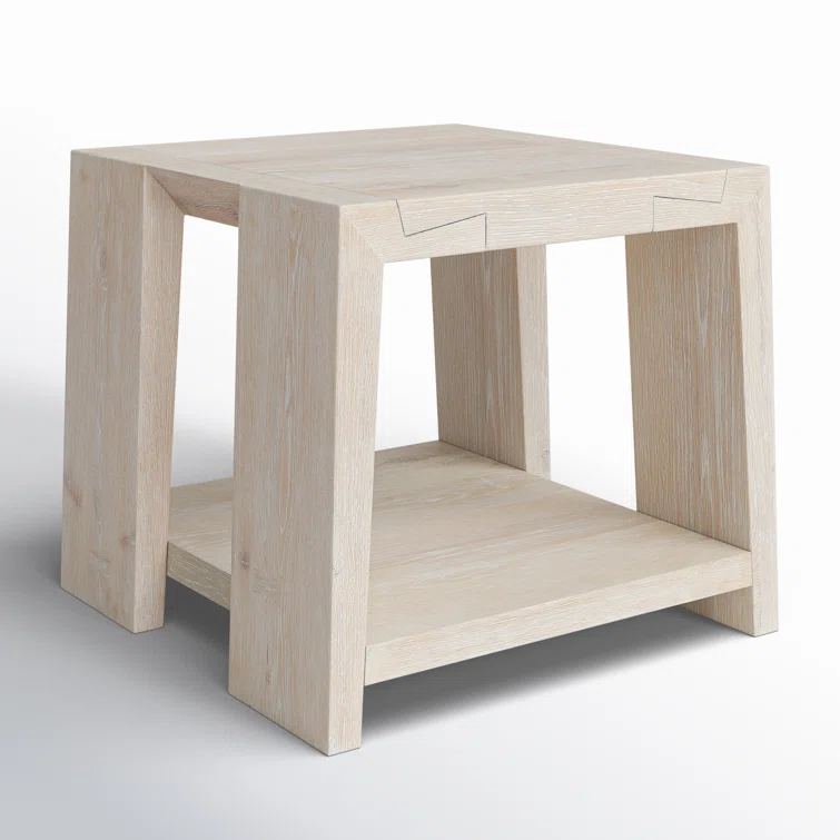 Tan Solid Oak Rectangular End Table with Shelf