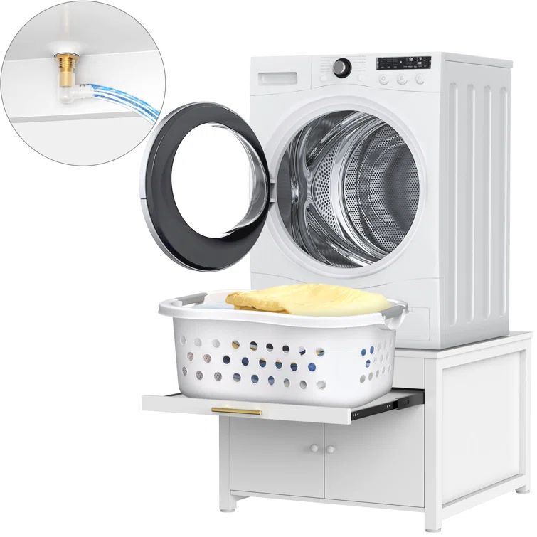 Washer Dryer Laundry Pedestal 29" Universal Fit Anti-Vibration Stand with Built-in Drain Pan + Hose
