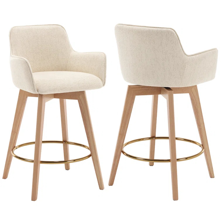 Lovetro Swivel Full Back Arms Upholstered 25.8"H Counter Stool with Solid Rubberwood Frame and Gold Footrest