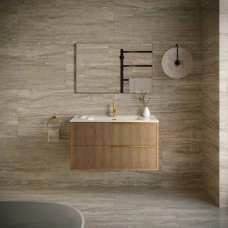 Demeter Art Gold 40 in. W x 18.1 in. D x 22.8 in. H Deco Wall Mounted Vanity with Single Sink and White Ceramic Top