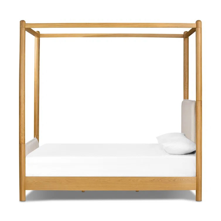 Light Oak Upholstered Queen Canopy Bed with Faux Shearling Headboard