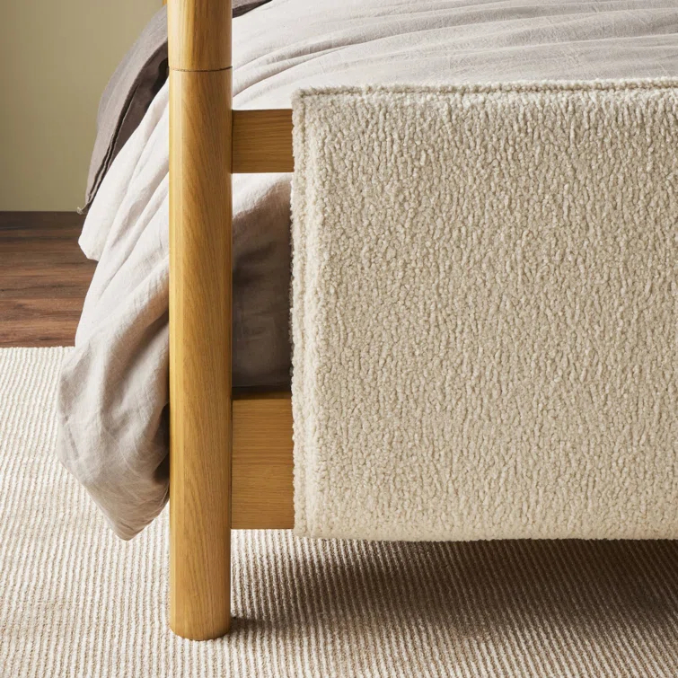 Light Oak Upholstered Queen Canopy Bed with Faux Shearling Headboard
