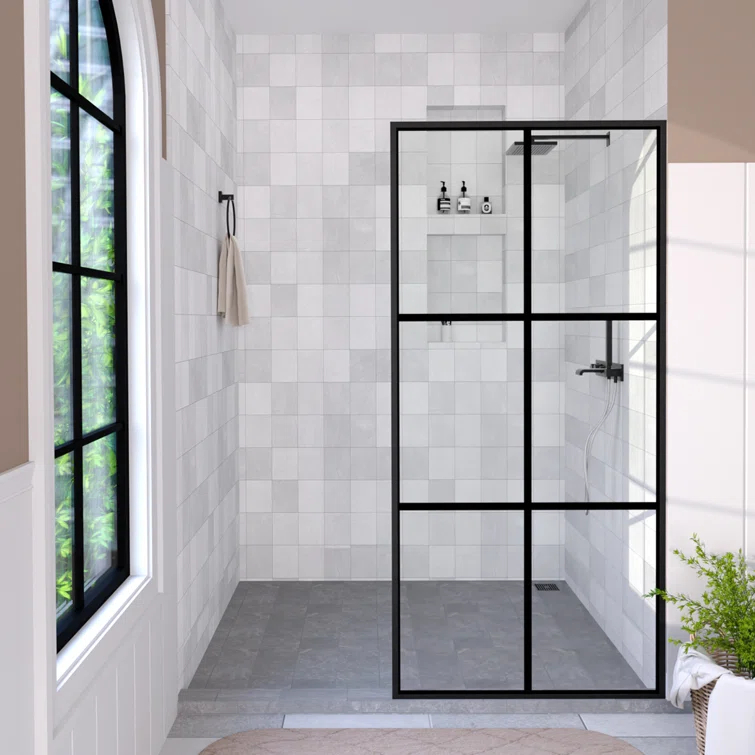 Hermitage Bath Hilma 34 In. W X 72 In. H Fixed Framed Shower Door In Matte Black Finish With Patterned Glass 1010A-HBMB