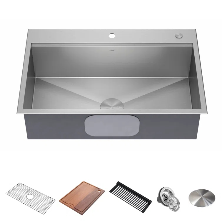 KRAUS Kore Drop-In Workstation 16 Gauge Stainless Steel Single Bowl Kitchen Sink with Accessories