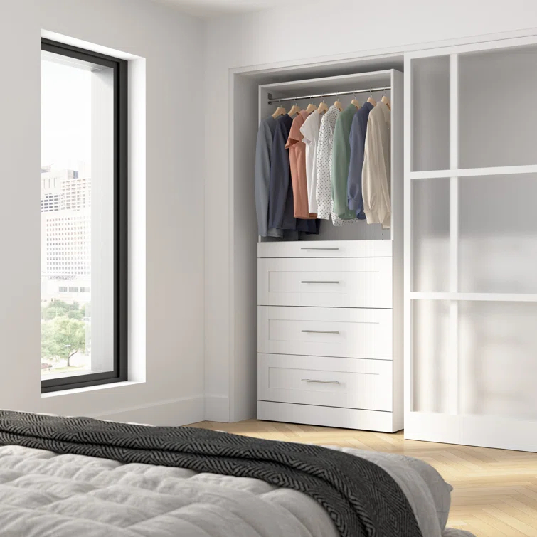 Florence Modular Reach-In Or Walk-In Closet System Tower With Shelves And 4 Drawers, Shaker Style