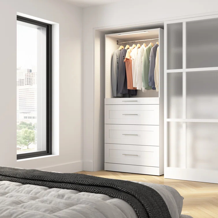 Bestar Florence Modular Walk-In Closet System Tower With LED Light, Shelves And 4 Drawers, Shaker Style