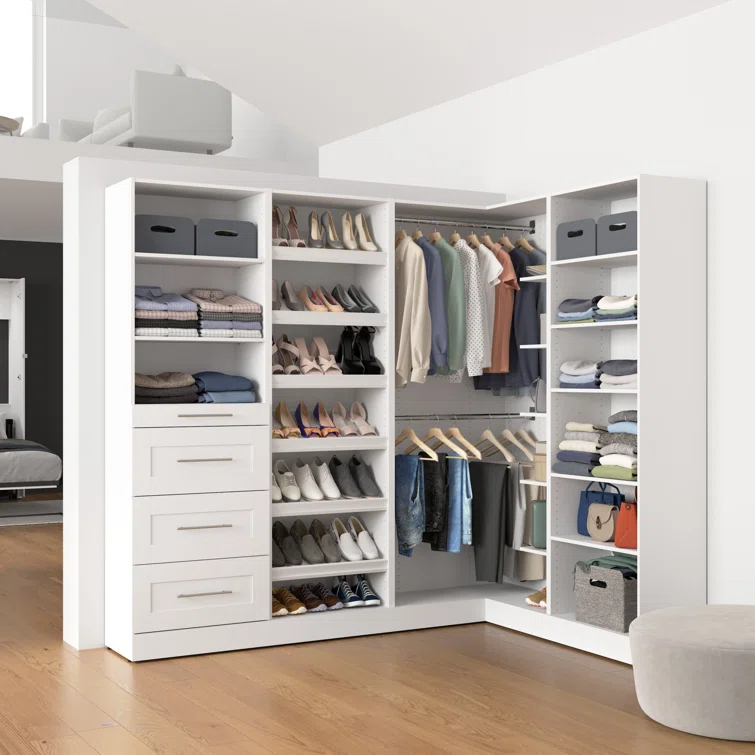 Florence 85W X 60D Modular L Shaped Walk-In Closet System With Rods, Drawers, And Shoe Shelves, Shaker Style
