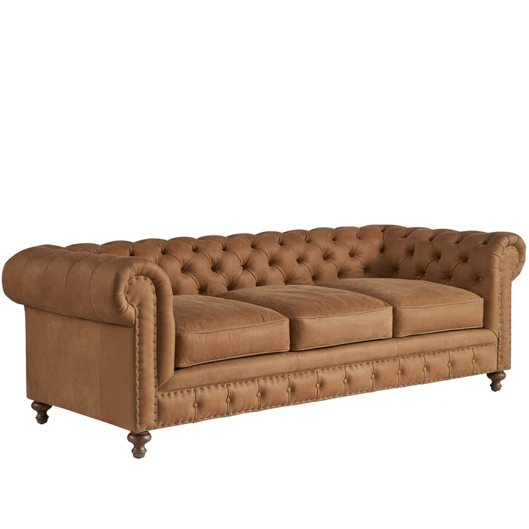 Winchester Sandstone Brown Tufted Leather Rolled Arm Sofa