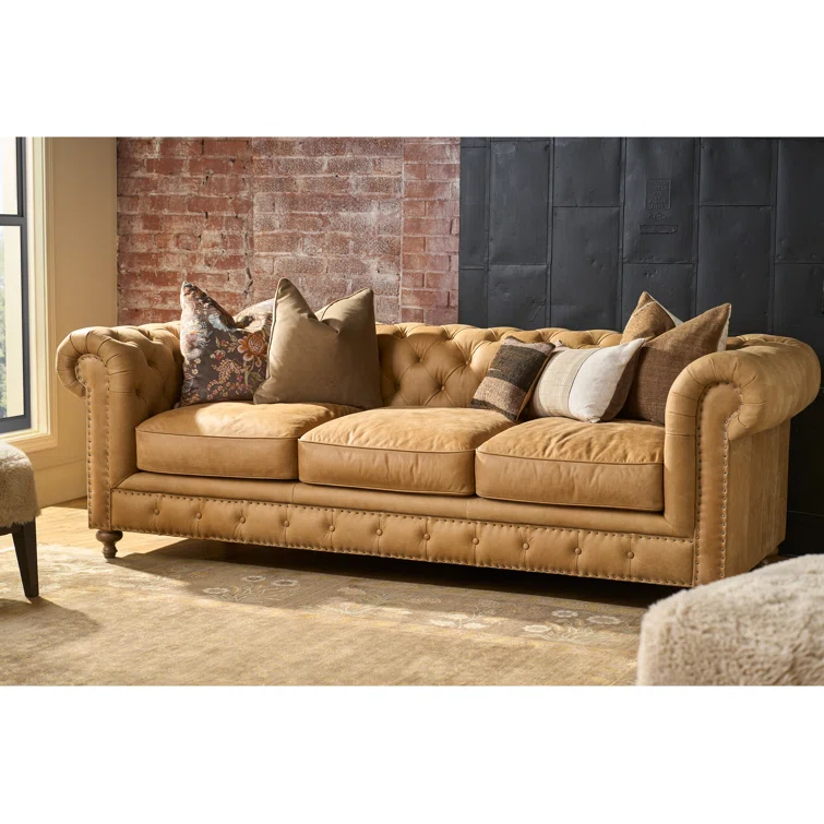 Winchester Sandstone Brown Tufted Leather Rolled Arm Sofa