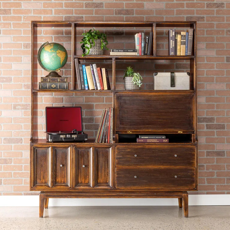 Brown Pine Wood Etagere Bookcase with Hidden Desk