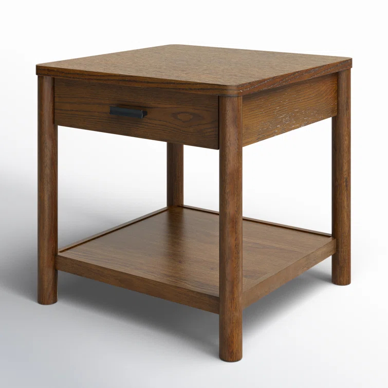 Medium Oak Wood and Metal End Table with Storage Drawer