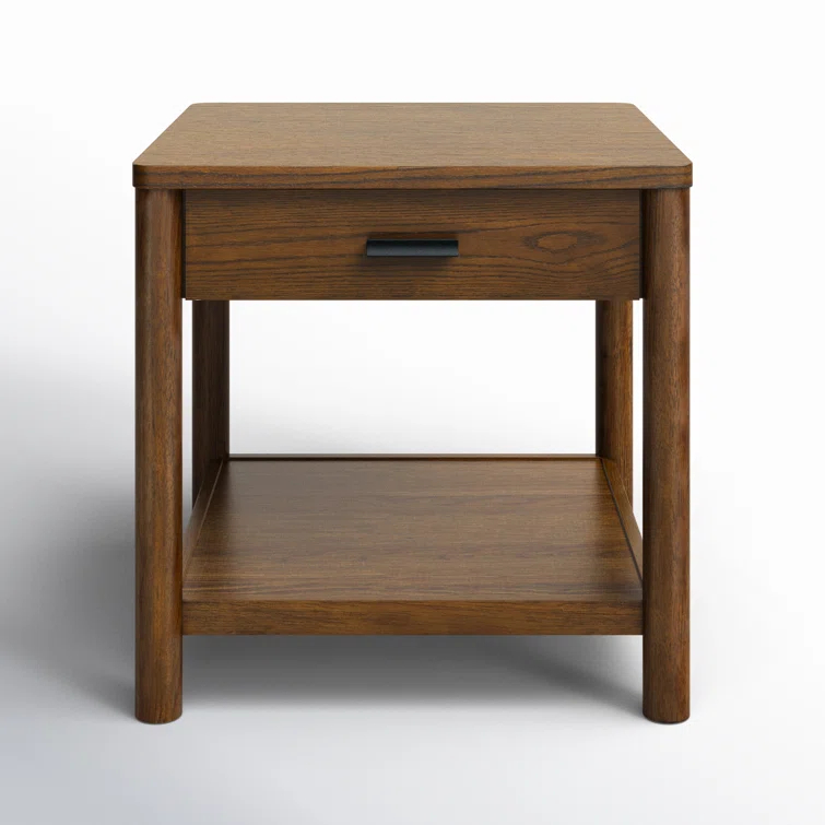 Medium Oak Wood and Metal End Table with Storage Drawer