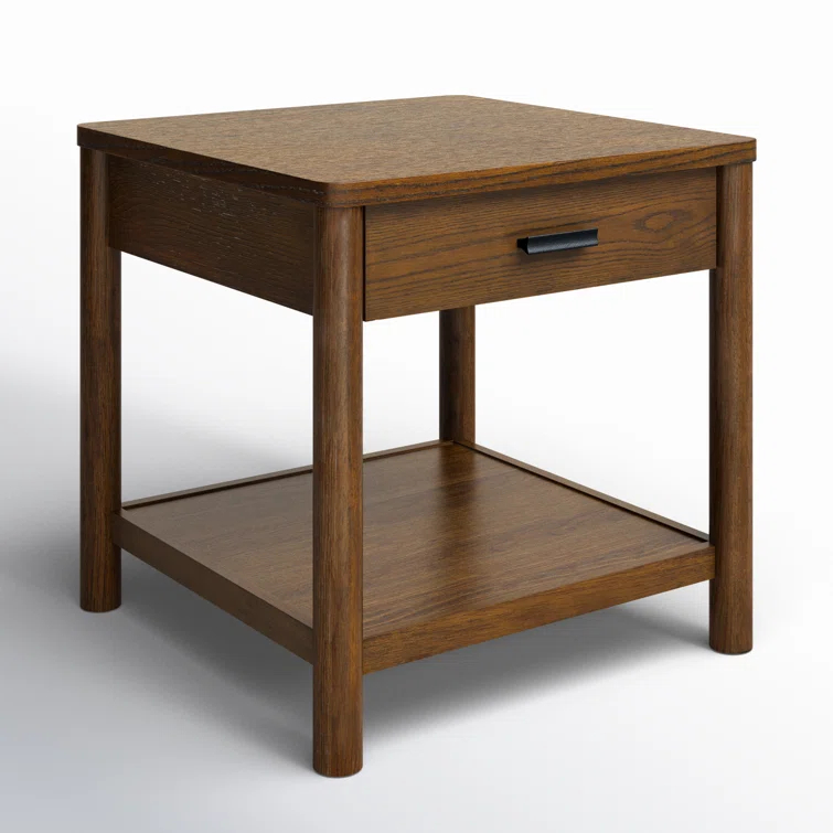 Medium Oak Wood and Metal End Table with Storage Drawer