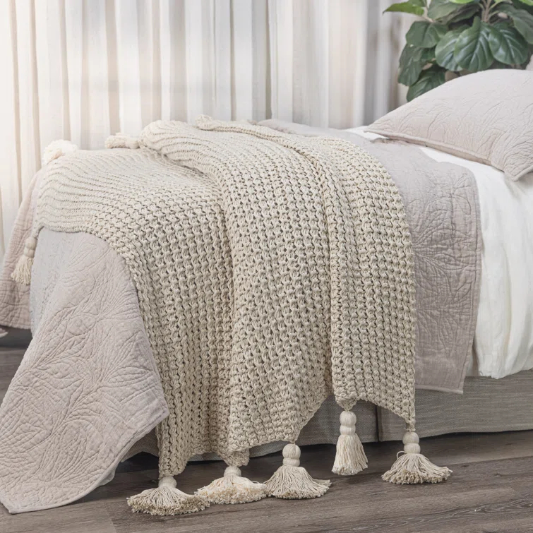 Beige Cotton Knitted Throw Blanket with Tassels