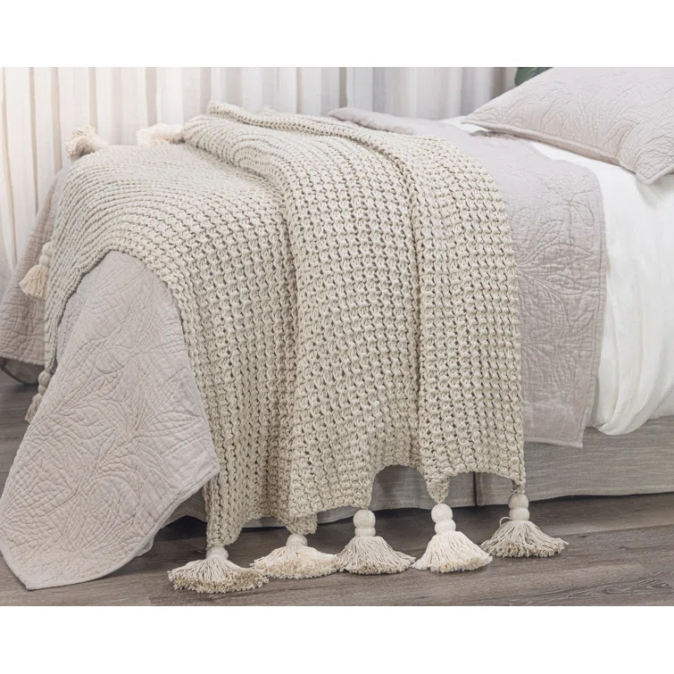 Beige Cotton Knitted Throw Blanket with Tassels