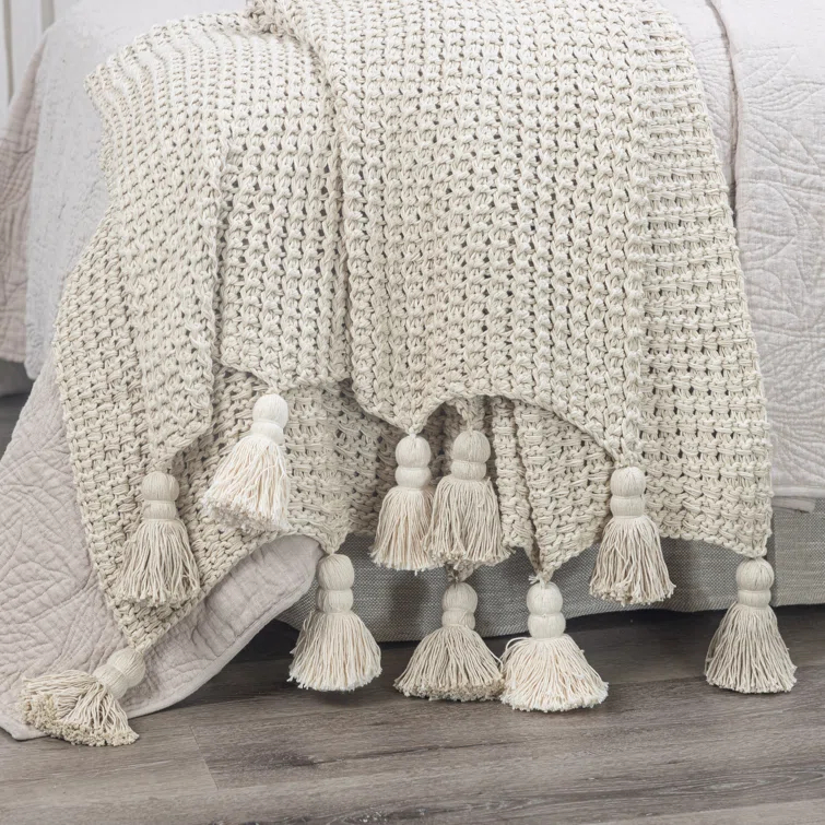 Beige Cotton Knitted Throw Blanket with Tassels