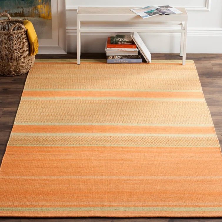 Bennett Hand Woven Flat Weave Wool/Cotton Striped Rug in Orange/Lime