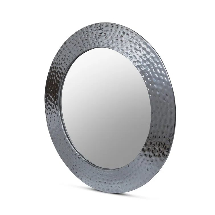 Round Hammered Silver Pewter Mirror with Resin Frame