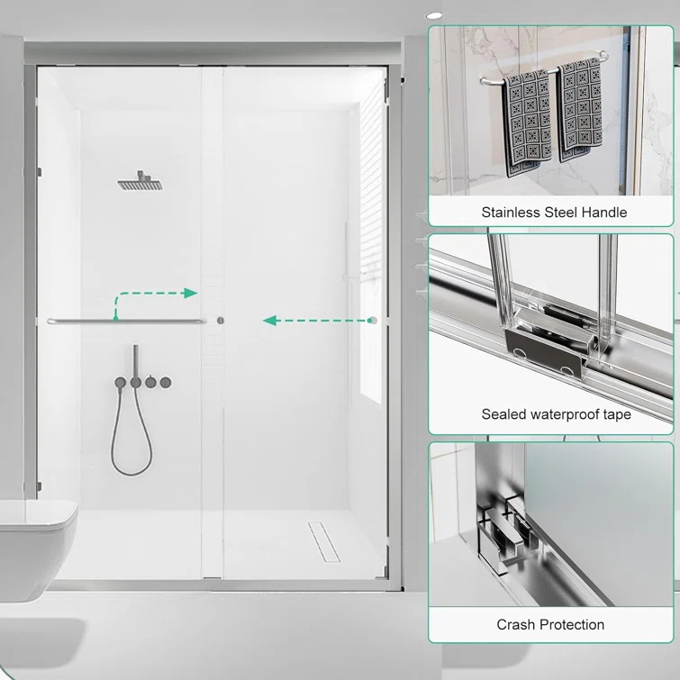 44-48"Wx72" H Semi-Frameless Double Sliding Shower Door,1/4"Thick SGCC Glass, Adjustable Width