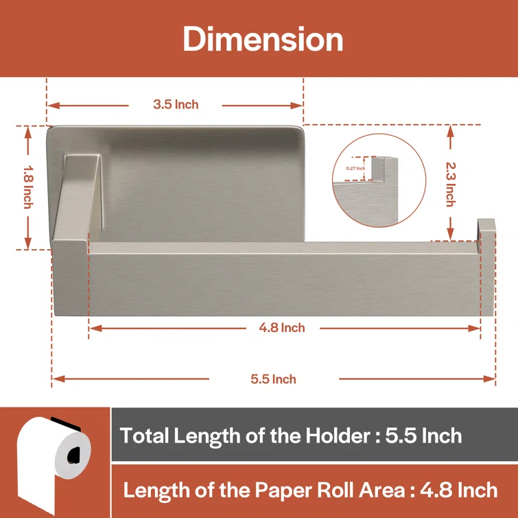 Self-Adhesive, Stainless Steel, Single Post Wall Mounted Toilet Paper Roll Holder, Stand no Drilling, in Brushed Nickel