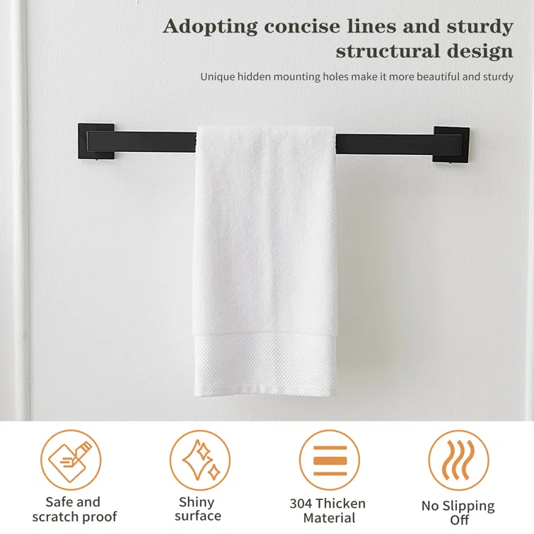4-Piece Bath Hardware With Towel Bar For Bathroom Wall Towel Hook And Towel Ring Set
