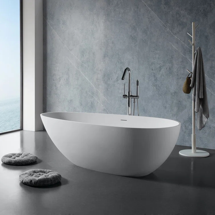 59" x 31" Freestanding Soaking Solid Surface Bathtub Stone Resin Bath Tub with Overflow and Pop-up Drain, Glossy/Matte White