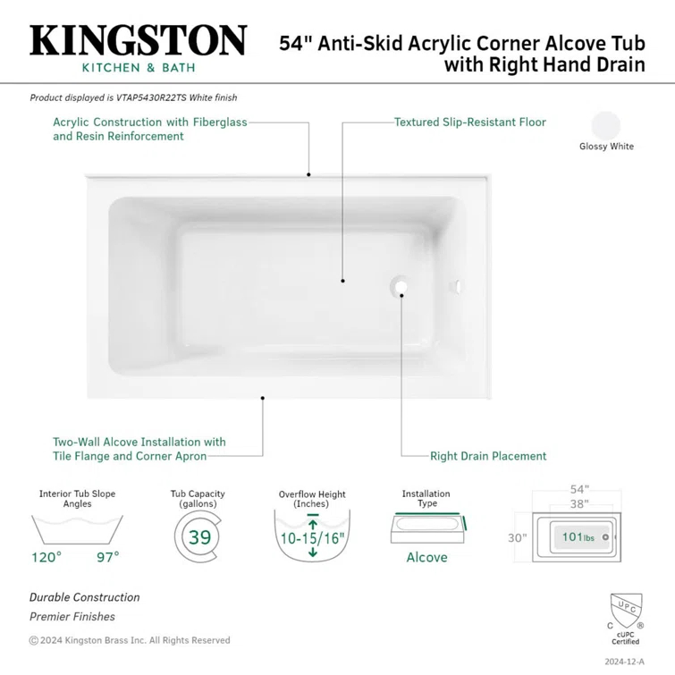 Kingston Brass Aqua Eden 54-Inch Acrylic Rectangular 2-Wall Corner Alcove Tub, Hand Drain