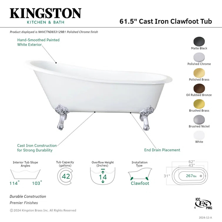 Kingston Brass Aqua Eden 61-Inch Cast Iron Oval Single Slipper Clawfoot Tub (No Faucet Drillings)