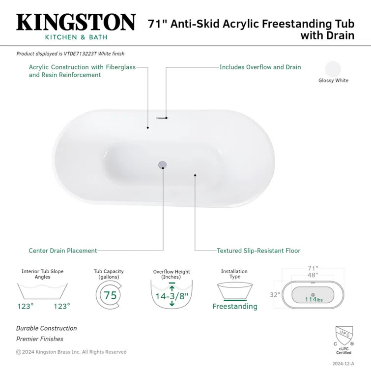 Kingston Brass Aqua Eden 71-Inch Acrylic Oval Double Ended Freestanding Tub with Drain