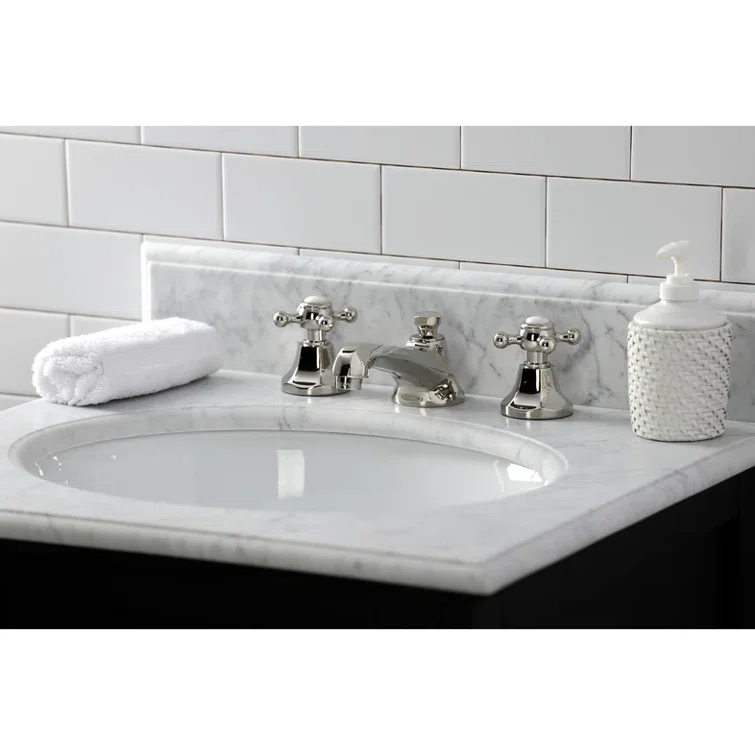 Kingston Brass Metropolitan Two-Handle 3-Hole Deck Mount Widespread Bathroom Faucet with Brass Pop-Up Drain