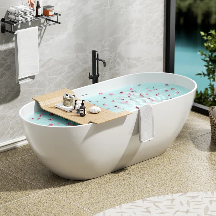 59" x 30" Freestanding Soaking Solid Surface Bathtub Stone Resin Bath Tub with Overflow and Pop-up Drain for Contemporary Bathroom, Glossy/Matte White