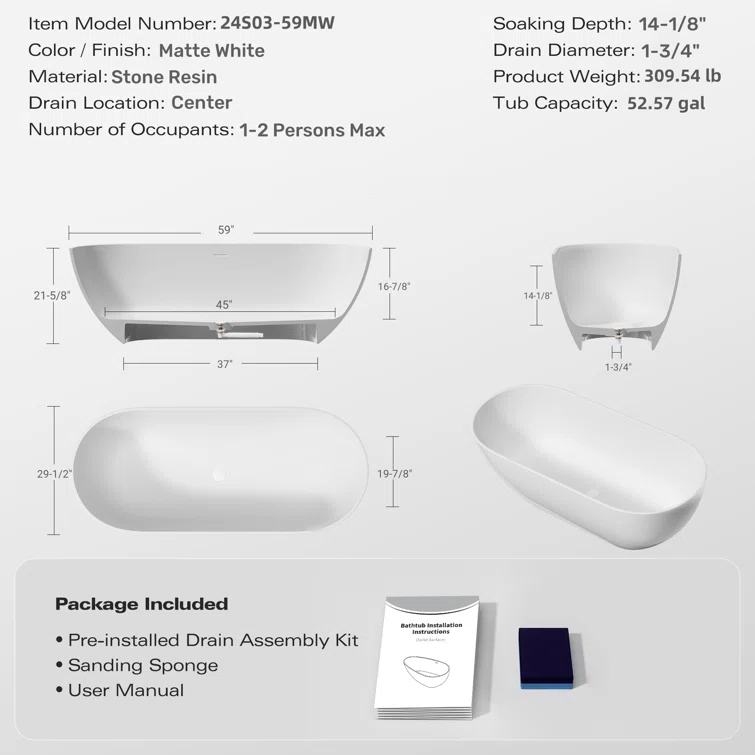 59" x 30" Freestanding Soaking Solid Surface Bathtub Stone Resin Bath Tub with Overflow and Pop-up Drain for Contemporary Bathroom, Glossy/Matte White