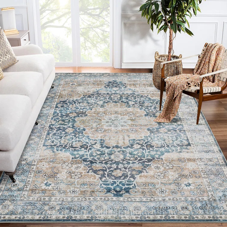 Oriental Machine Washable Rug with Rubber Backing for Living Room Floral Non-Slip Area Rug Vintage Indoor Carpet Non-Shedding Rug for Bedroom Dining Room Hallway Kitchen Office Playroom Nursery