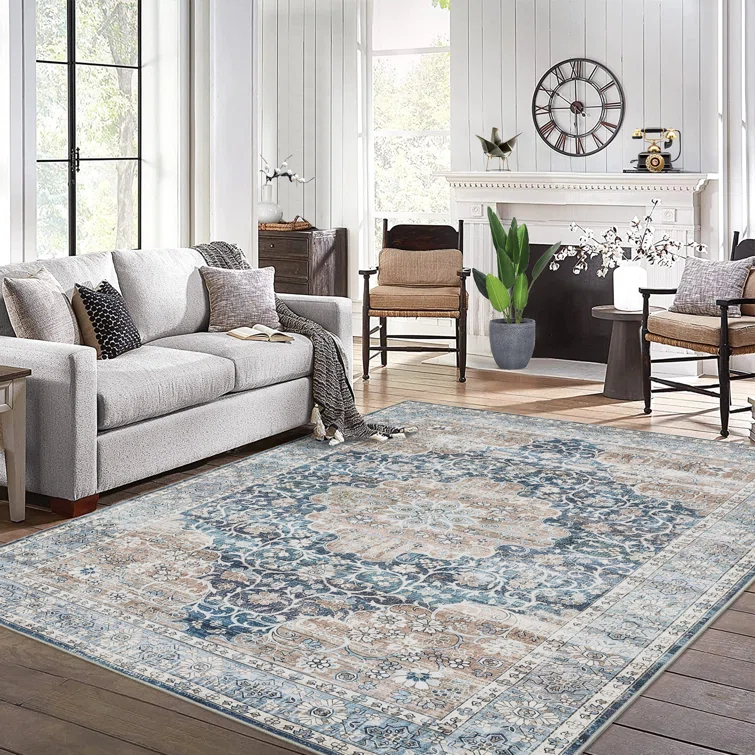 Oriental Machine Washable Rug with Rubber Backing for Living Room Floral Non-Slip Area Rug Vintage Indoor Carpet Non-Shedding Rug for Bedroom Dining Room Hallway Kitchen Office Playroom Nursery